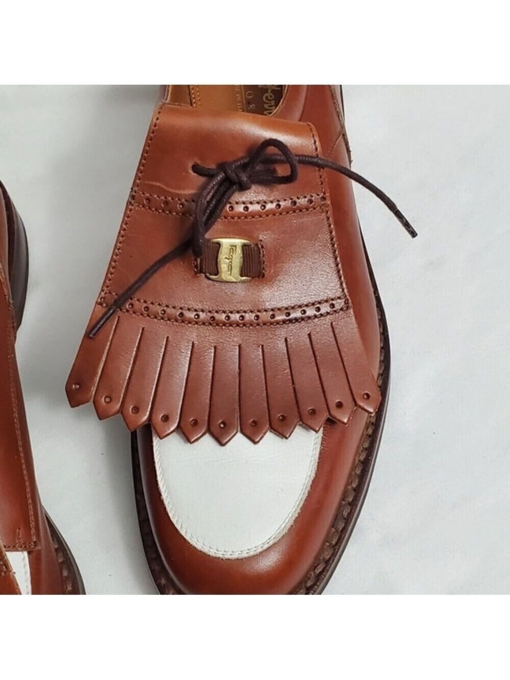 Salvatore Ferragamo Vintage Leather Kiltie Golf Shoes Tan & White - Picture 2 of 12
